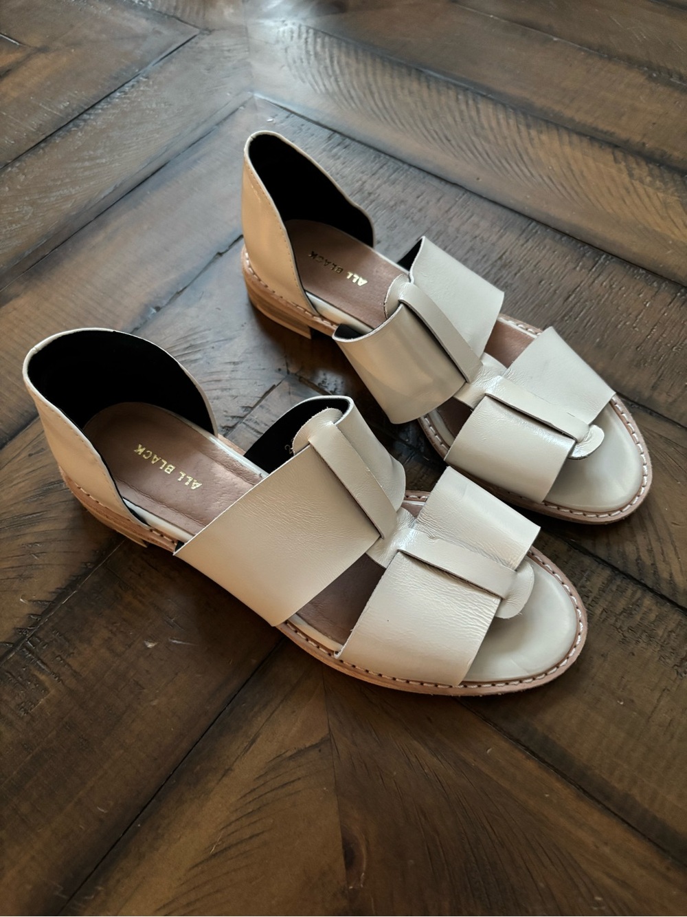 All Black Cream Leather Slide Sandals
